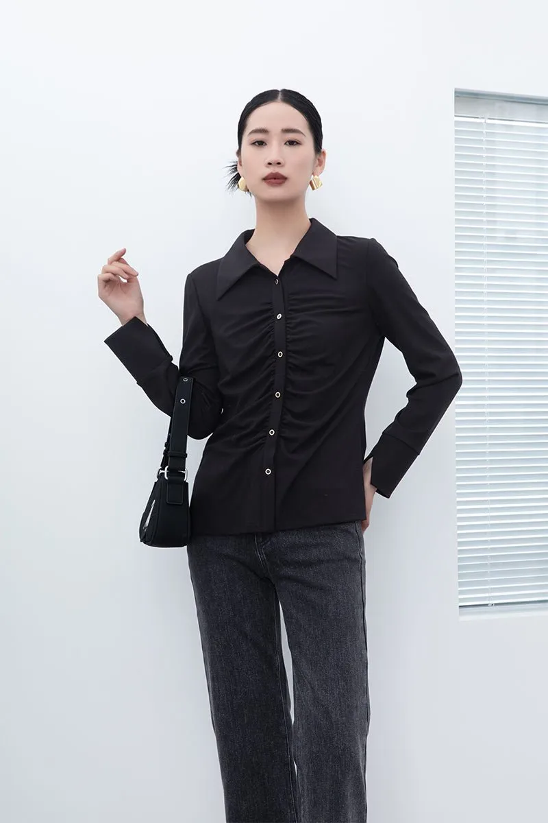 Black Pleated Design Slim Blouse