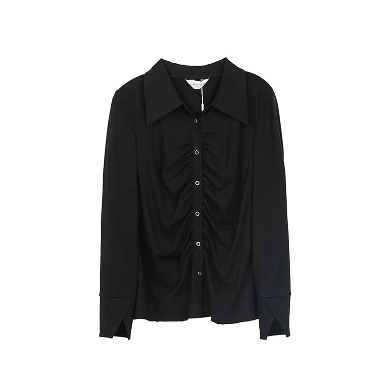 Black Pleated Design Slim Blouse