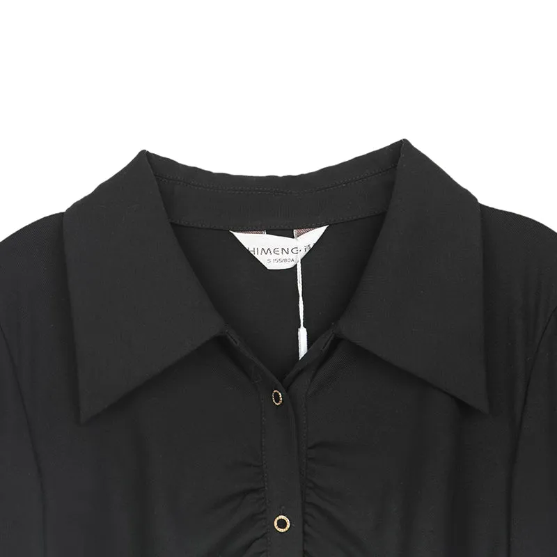 Black Pleated Design Slim Blouse