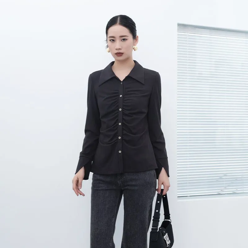 Black Pleated Design Slim Blouse