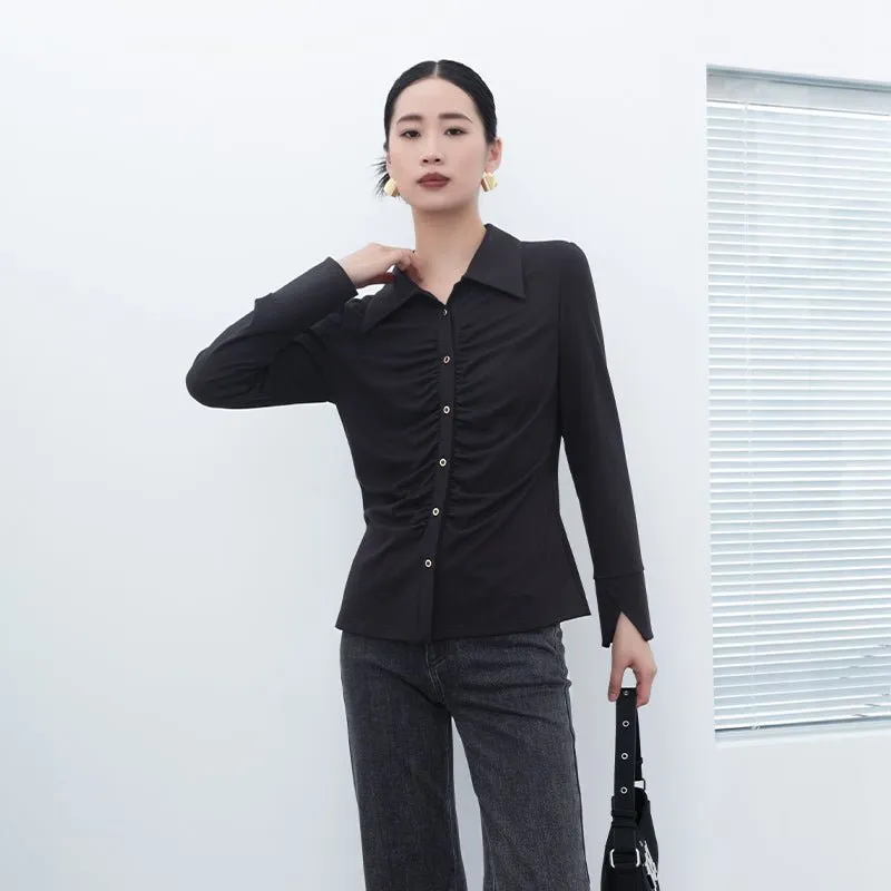 Black Pleated Design Slim Blouse