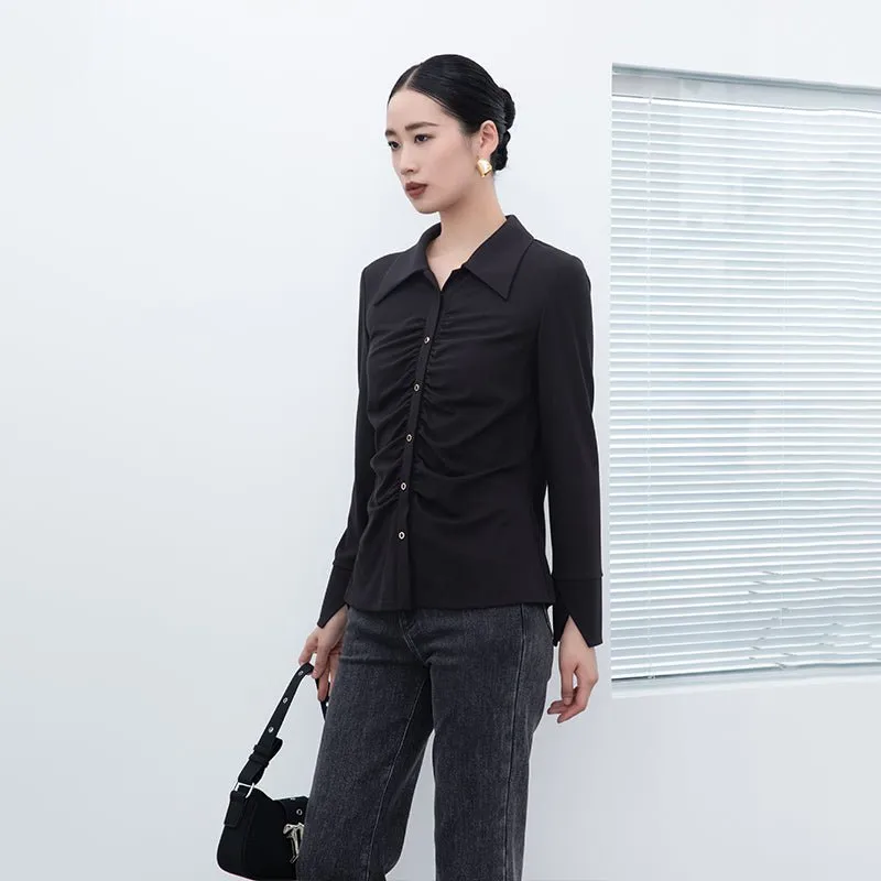 Black Pleated Design Slim Blouse