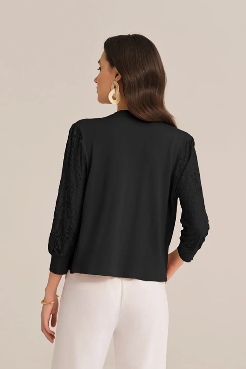 Casual V-neck 3/4 Lace Sleeve Knitted top - Black