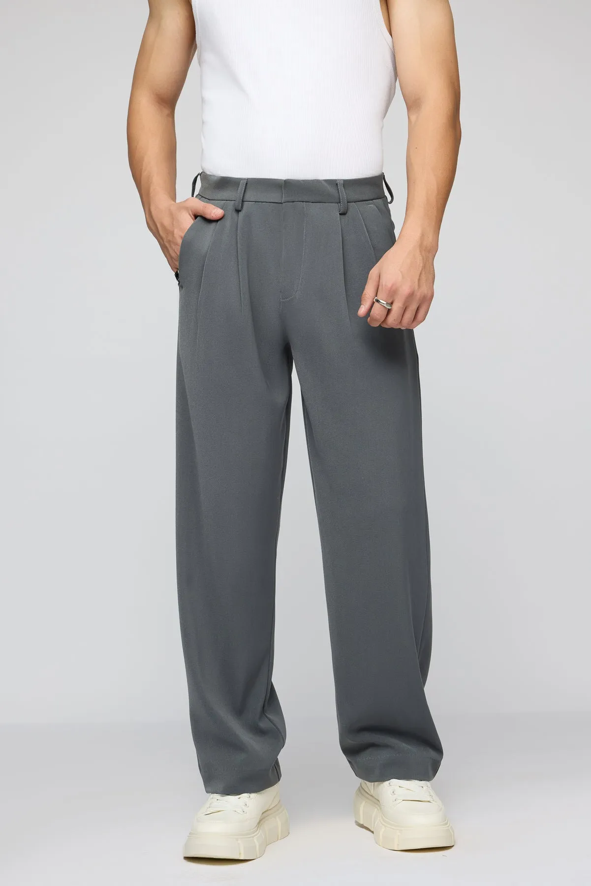 Charcoal Men's Pleated Korean Pants