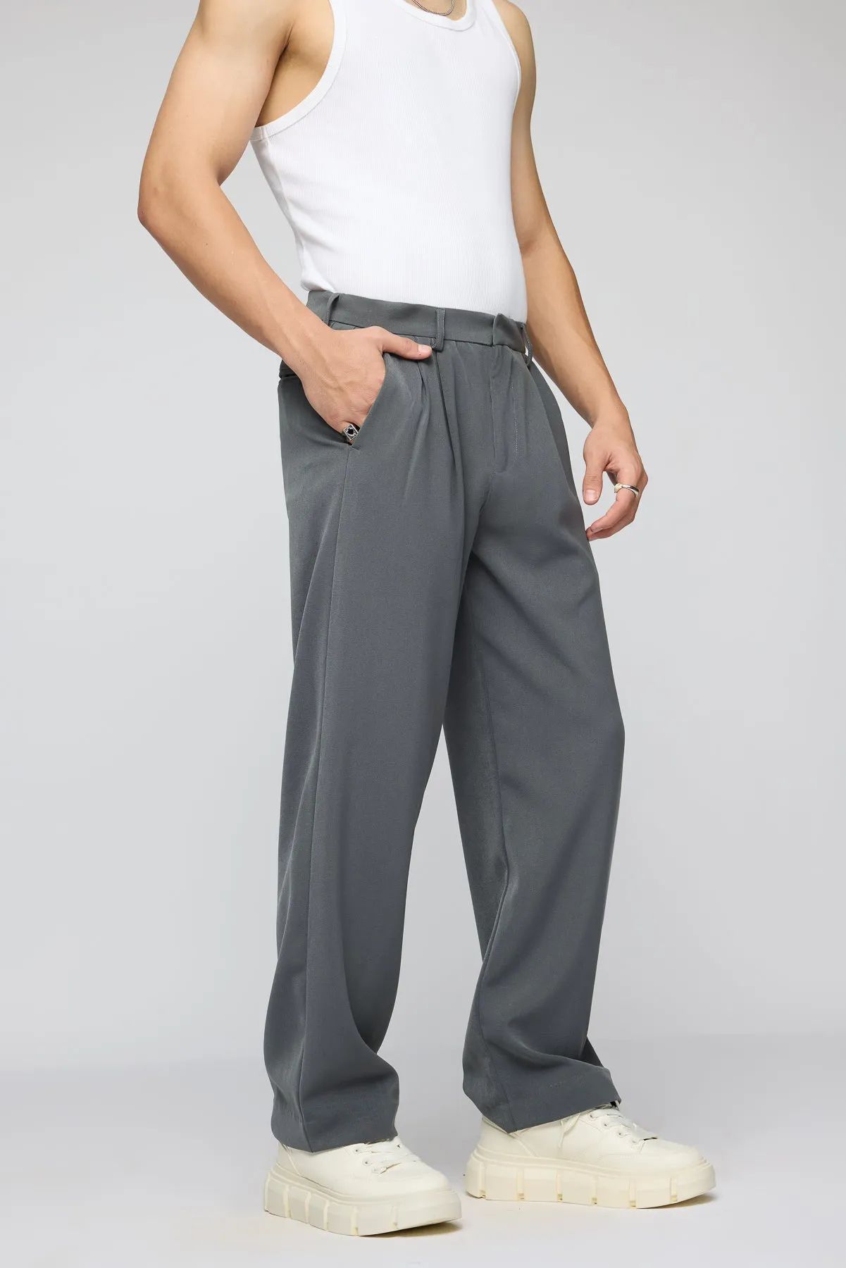 Charcoal Men's Pleated Korean Pants