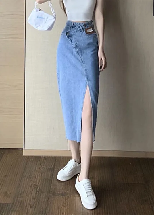 Chic Blue Side Open Asymmetrical Patchwork Denim Maxi Skirts Summer TY1032