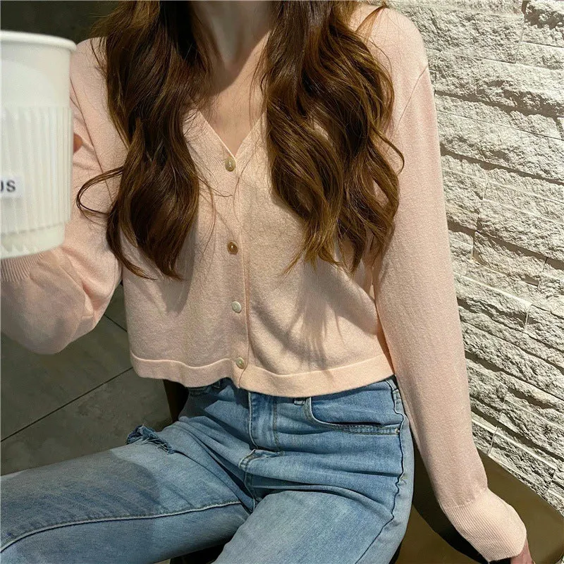 chicShort Sweater Thin Solid Colored Bare Belly Tops Women Trendy Cardigan Outerwear