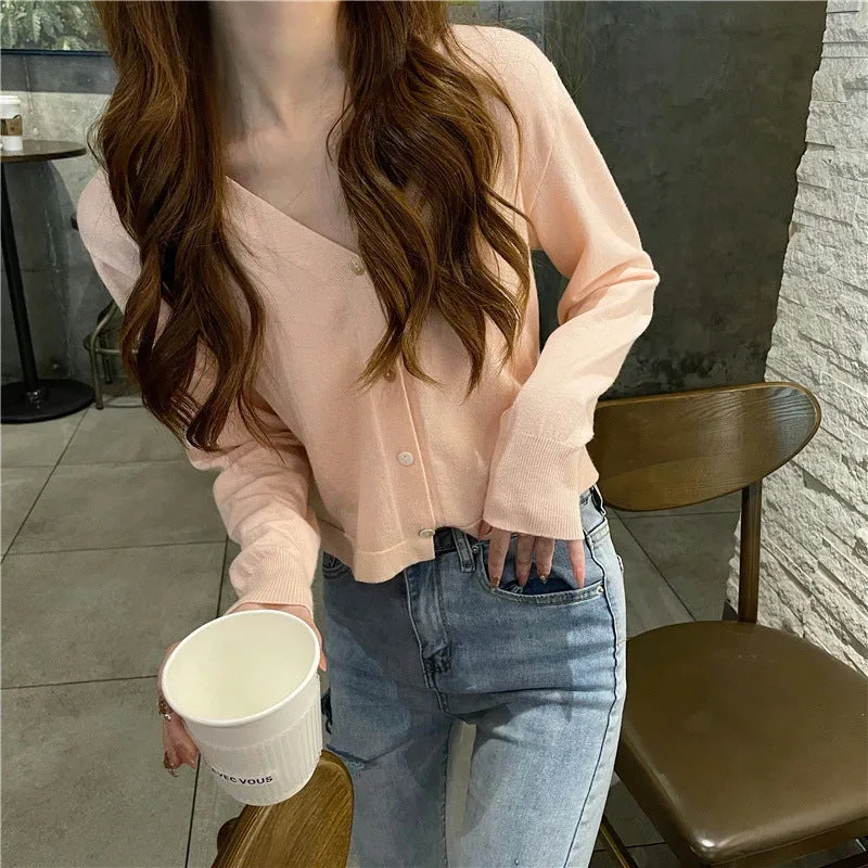 chicShort Sweater Thin Solid Colored Bare Belly Tops Women Trendy Cardigan Outerwear