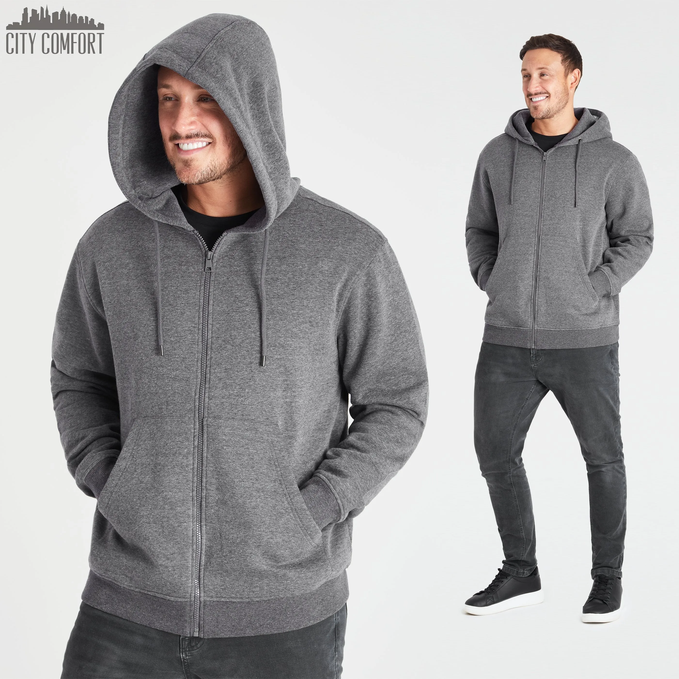 CityComfort Mens Plain Zip Up Hoodie, CHARCOAL Hooded Sweatshirt Zipped Jumper