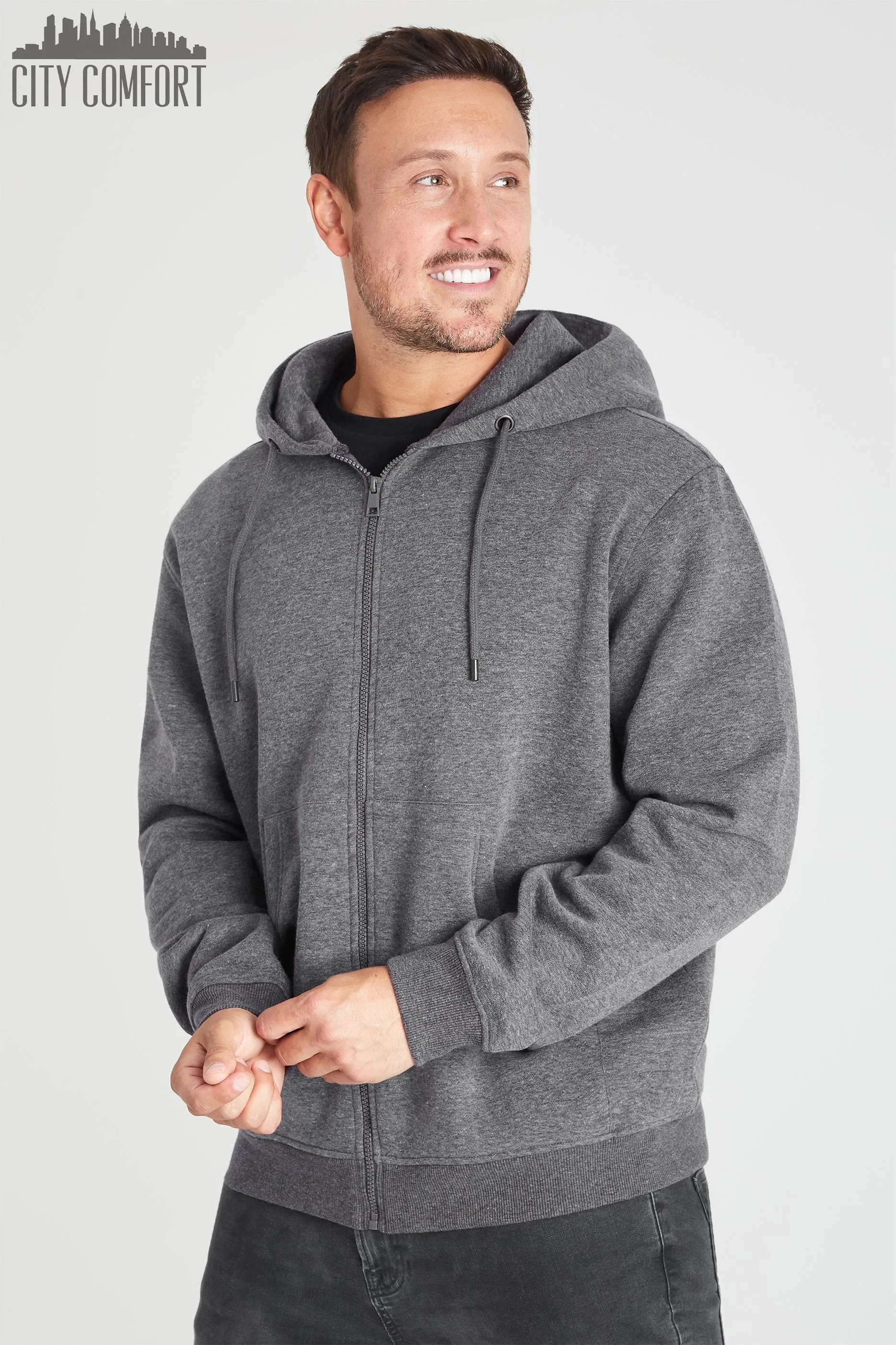 CityComfort Mens Plain Zip Up Hoodie, CHARCOAL Hooded Sweatshirt Zipped Jumper