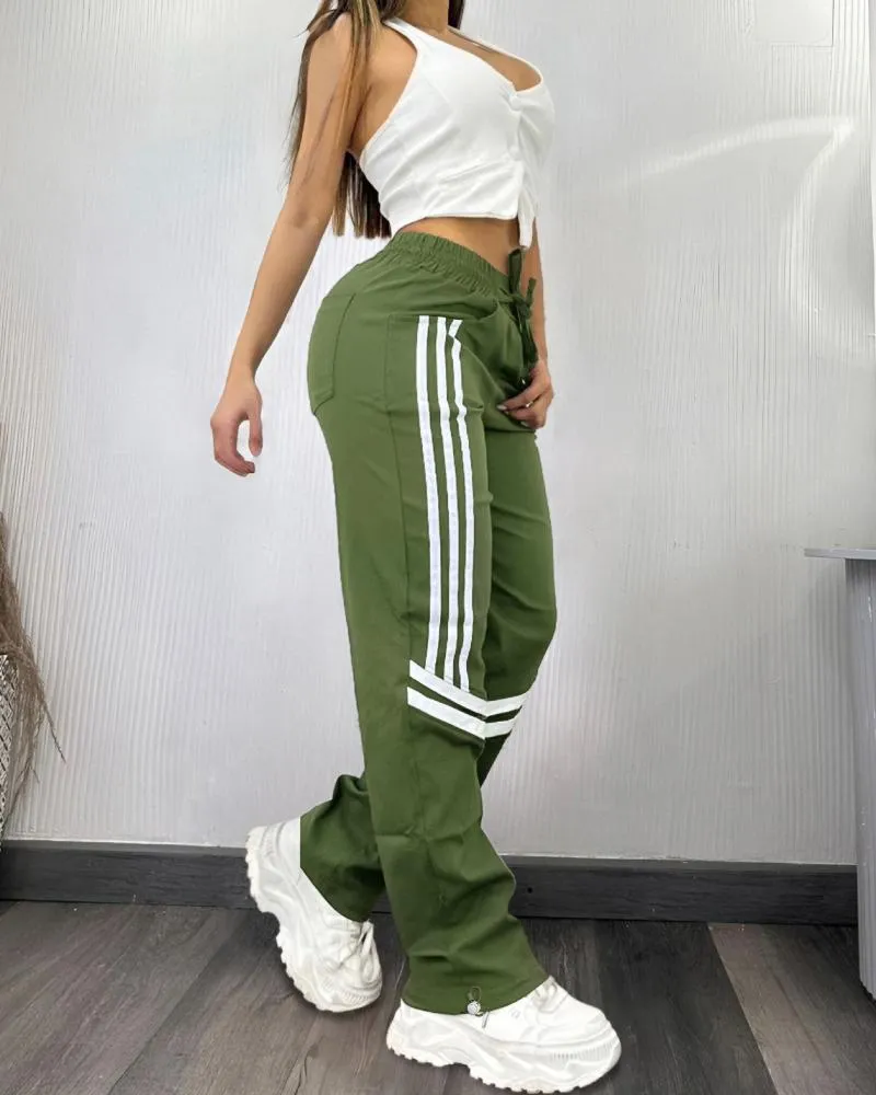 Colorblock Striped Print Pocket Design Cargo Pants Casual Strechy Waist Drawstring Loose Fit Pants