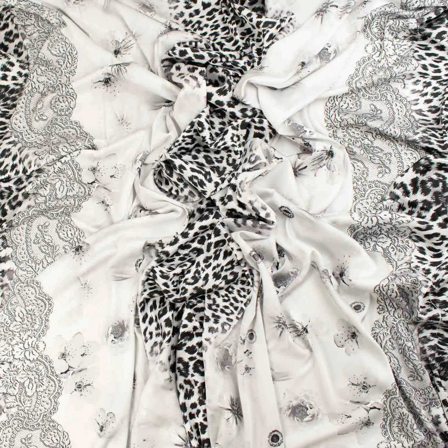 Digital Printed Satin Design-17 Black Leopard on White