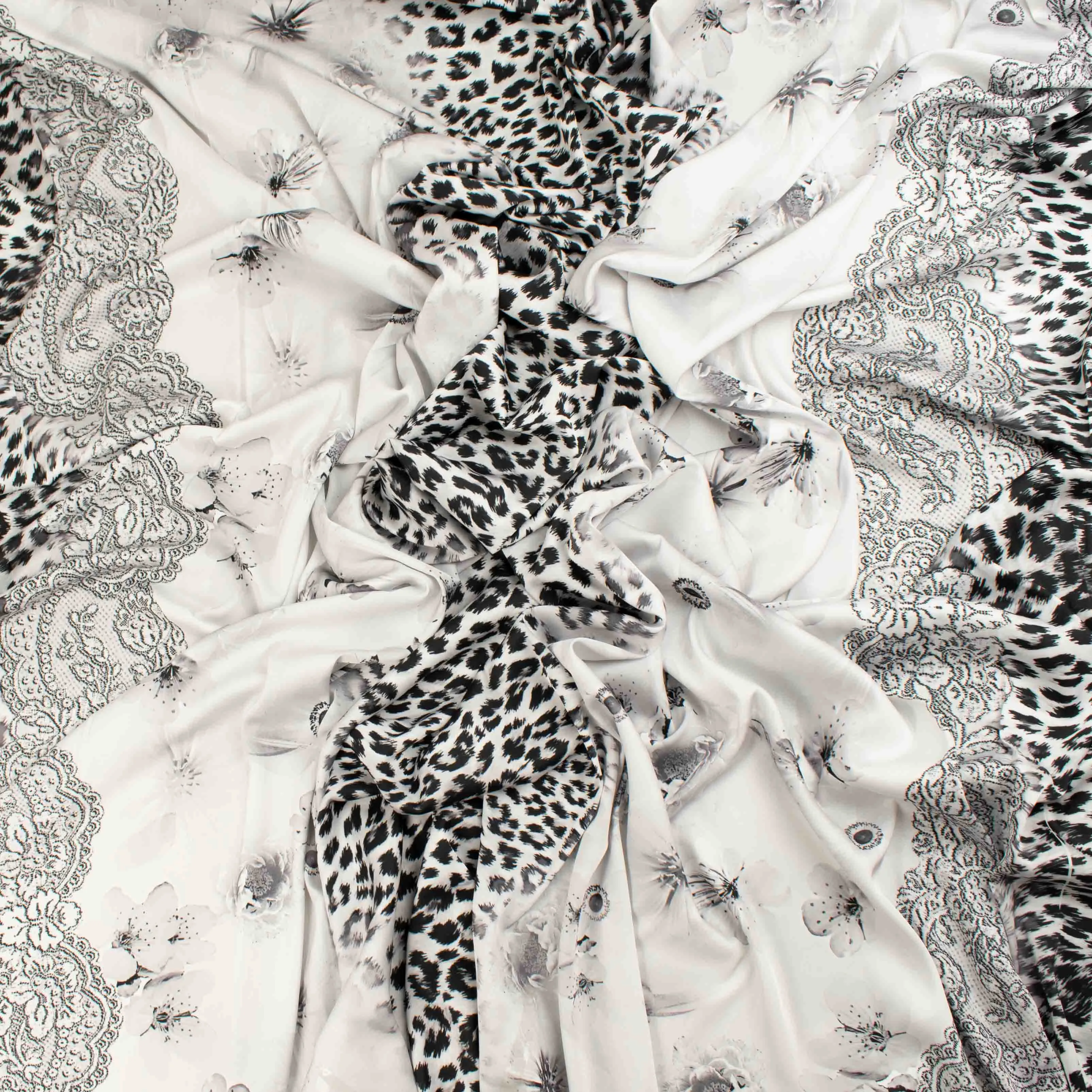 Digital Printed Satin Design-17 Black Leopard on White