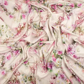 Digital Printed Satin Design-19 Pink Floral on Ivory