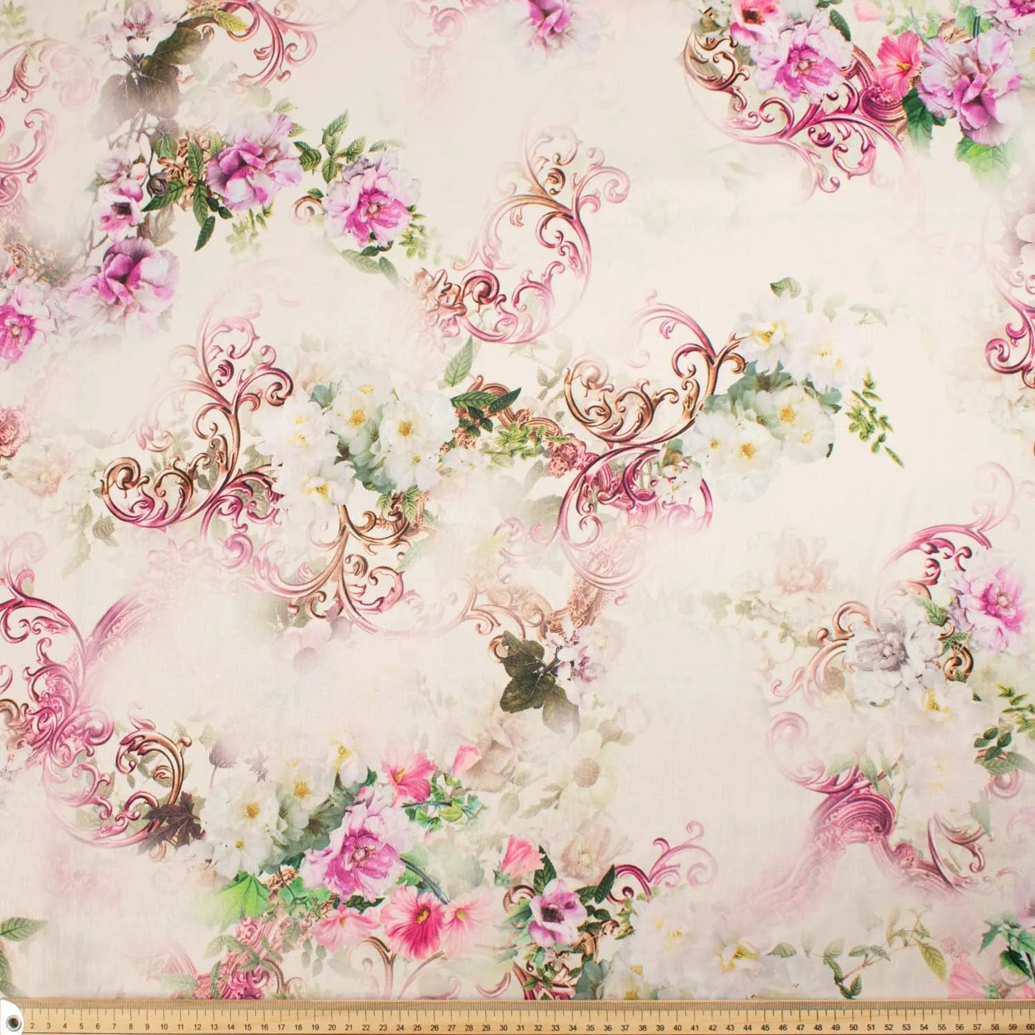 Digital Printed Satin Design-19 Pink Floral on Ivory