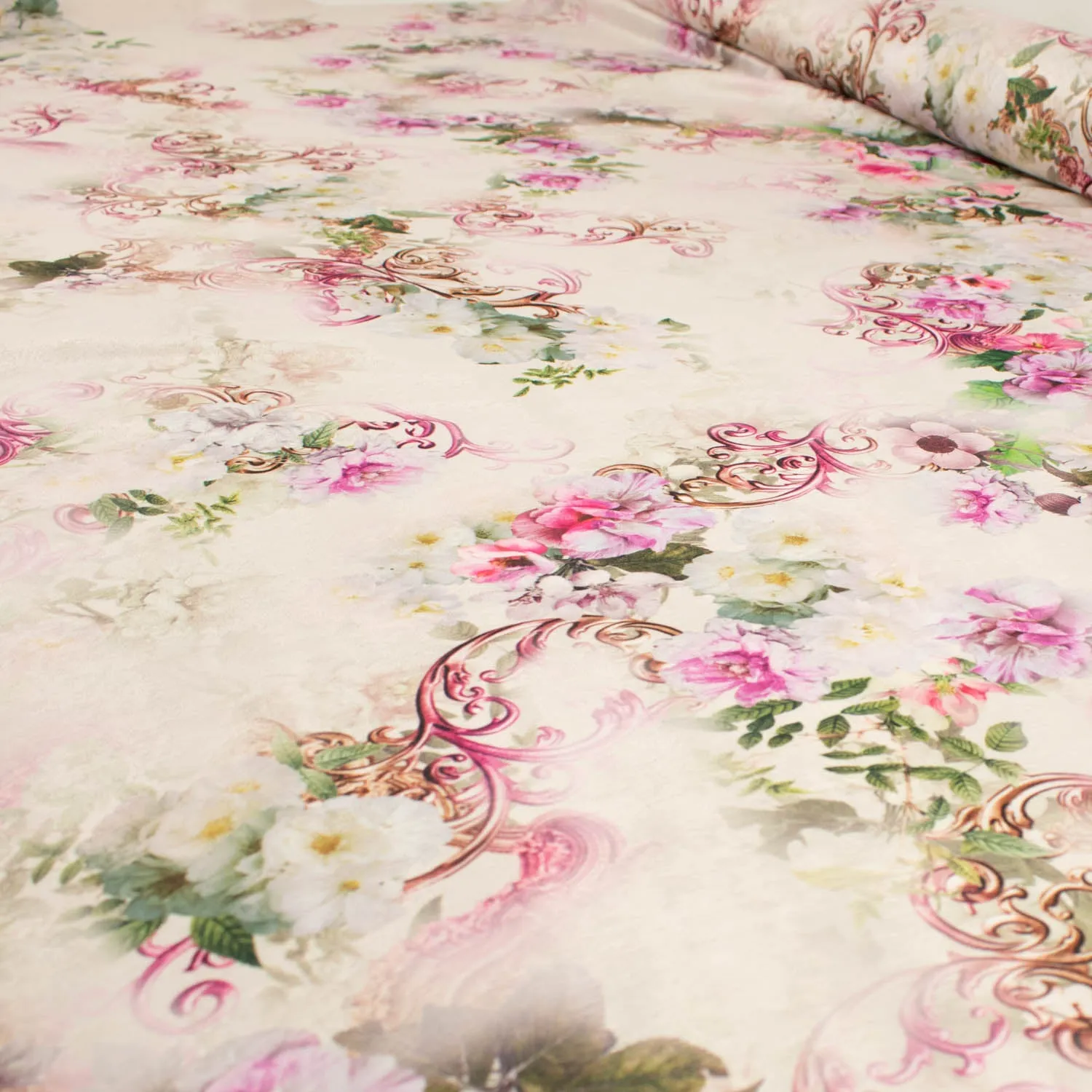 Digital Printed Satin Design-19 Pink Floral on Ivory