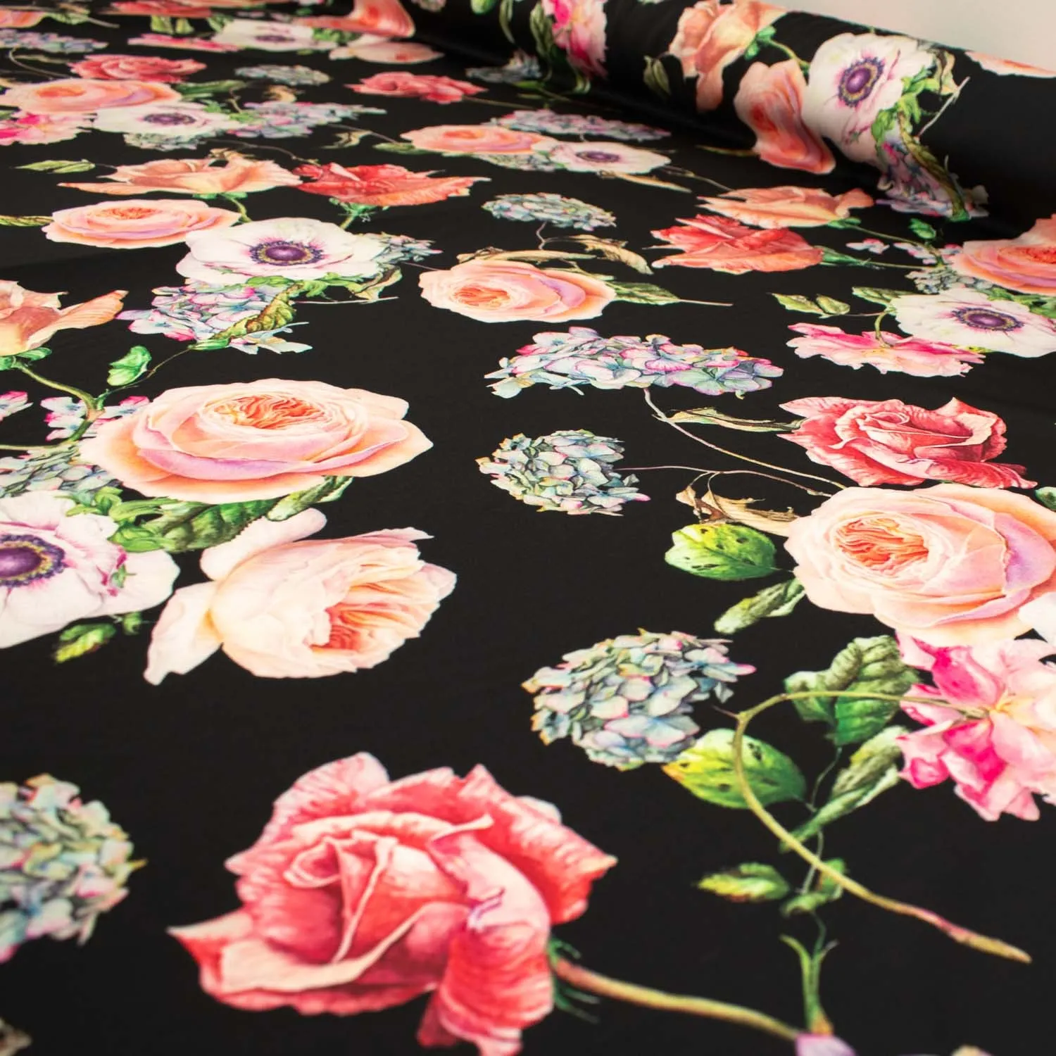 Digital Printed Satin Design-20 Floral Bloom on Black