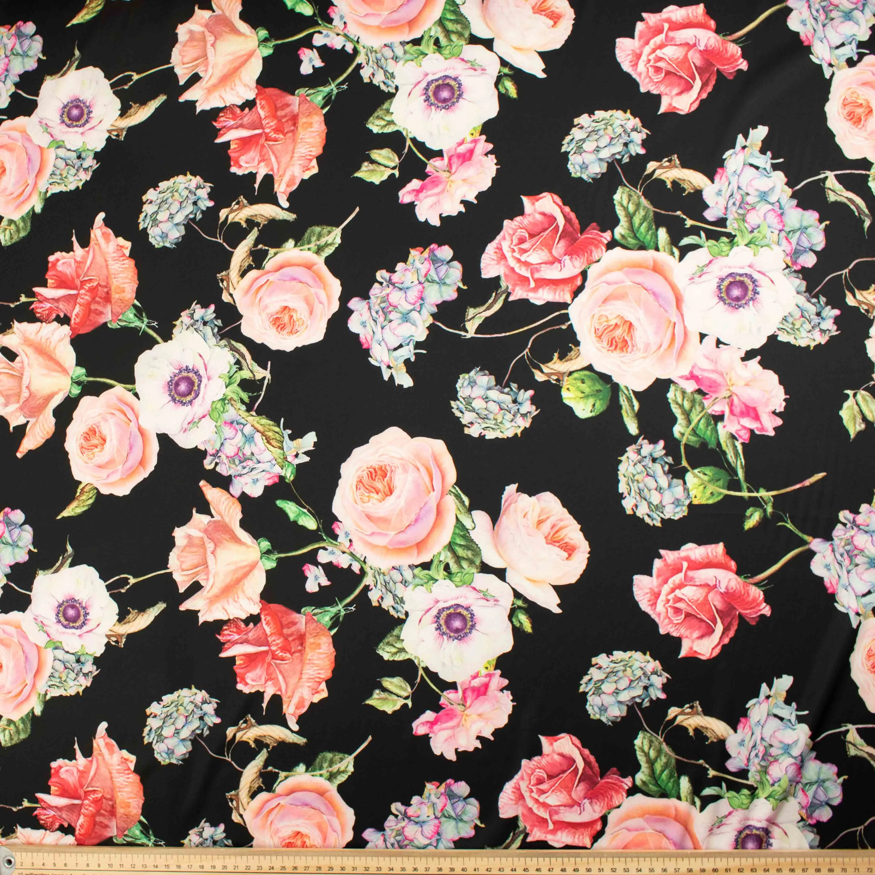 Digital Printed Satin Design-20 Floral Bloom on Black