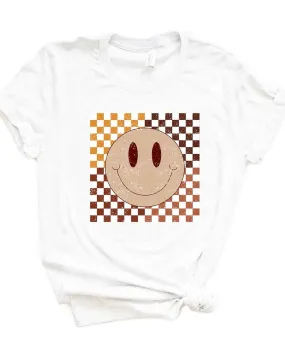 Fall Checkered Smiley Short Sleeve Graphic Tee | White