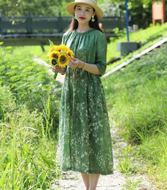 Green Floral Women Dresses Casual Summer Linen Women Dresses SJ97215