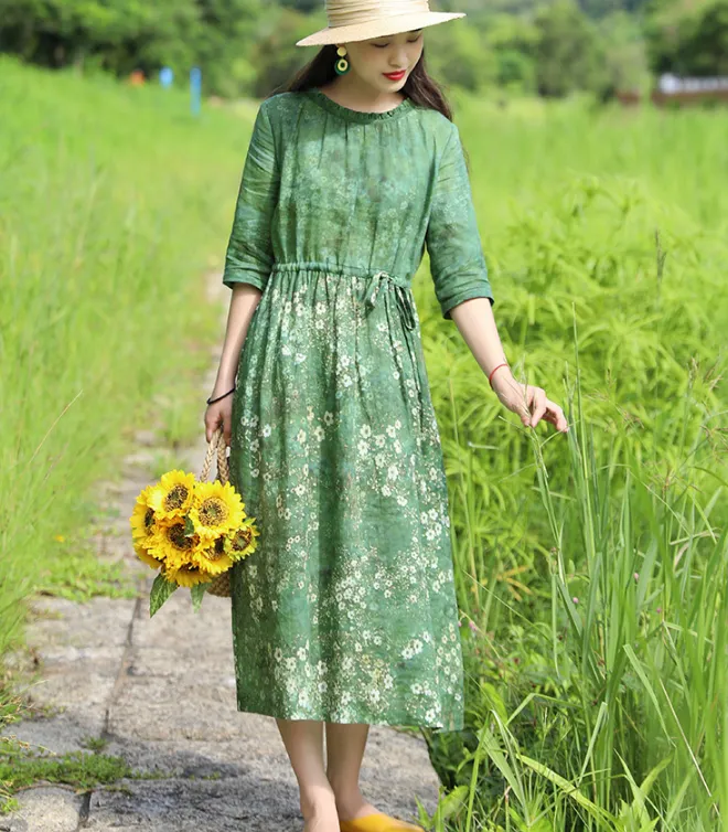 Green Floral Women Dresses Casual Summer Linen Women Dresses SJ97215