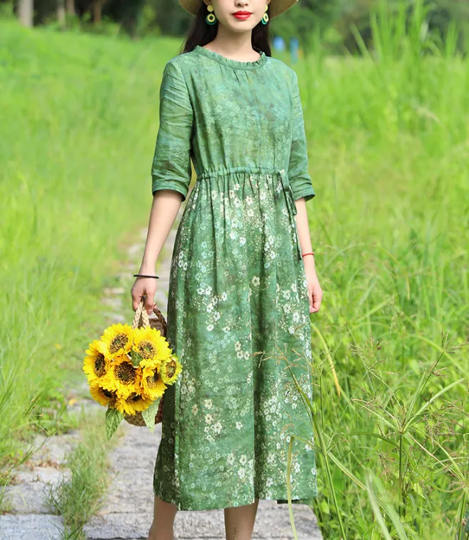 Green Floral Women Dresses Casual Summer Linen Women Dresses SJ97215