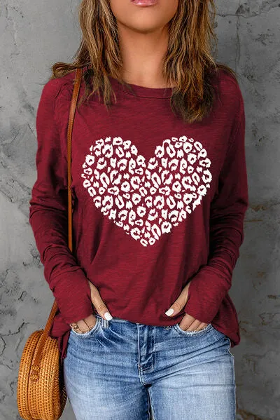 Heart Graphic Round Neck Long Sleeve T-Shirt