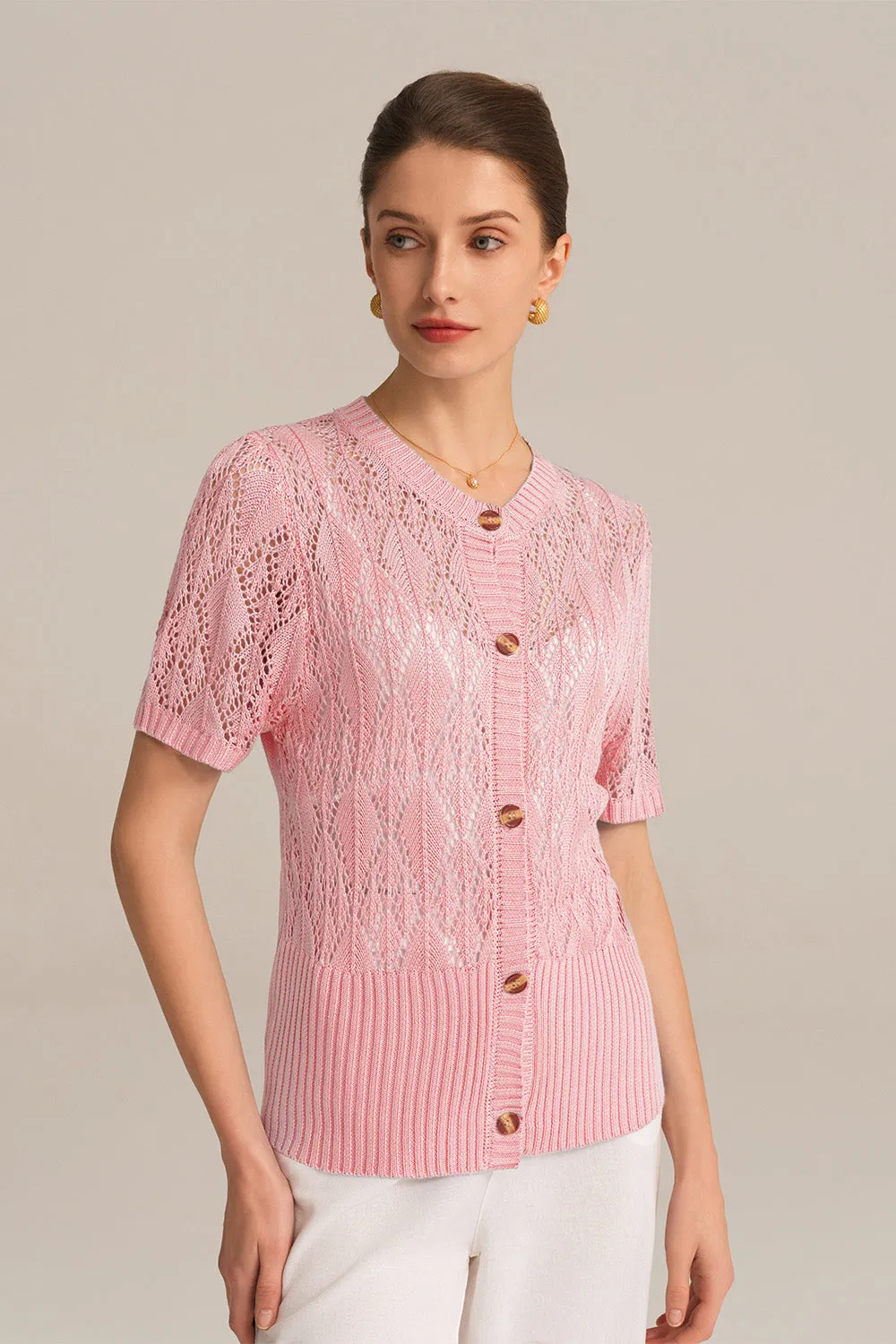 Hollowed-out Short Sleeve Crew Neck Button-up knitted Cardigan - Pink