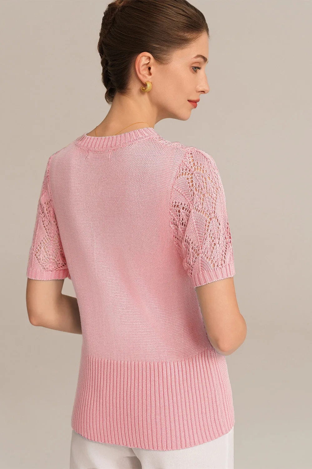 Hollowed-out Short Sleeve Crew Neck Button-up knitted Cardigan - Pink