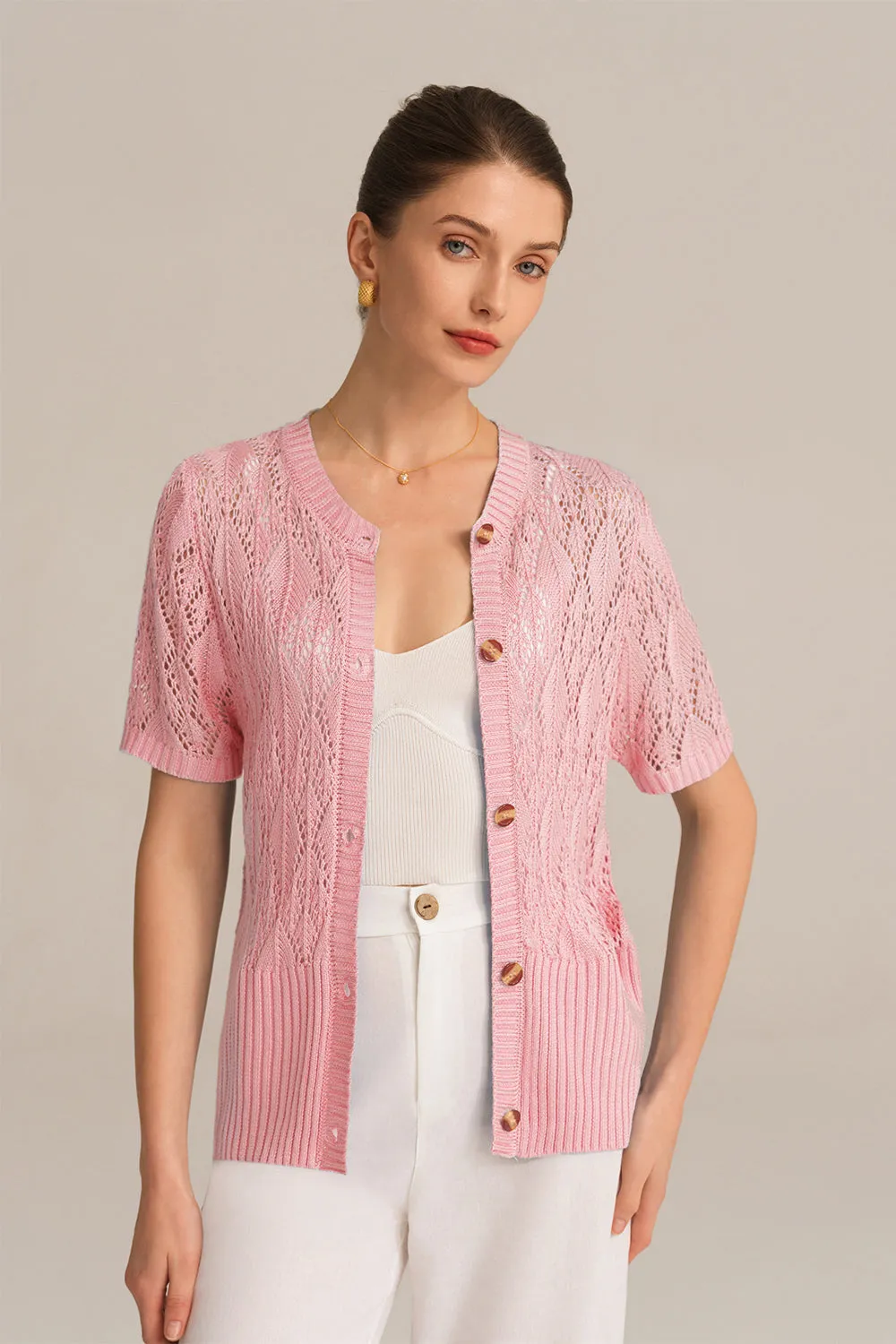 Hollowed-out Short Sleeve Crew Neck Button-up knitted Cardigan - Pink