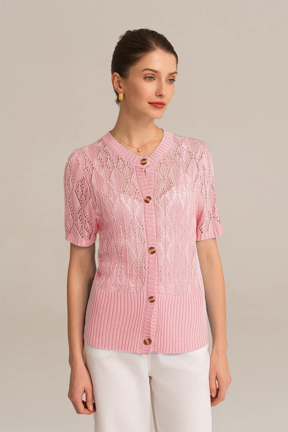 Hollowed-out Short Sleeve Crew Neck Button-up knitted Cardigan - Pink