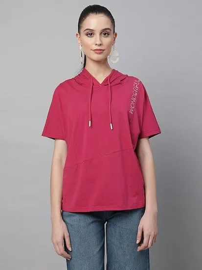 Hot Pink Cotton Blend Regular Fit Top For Women