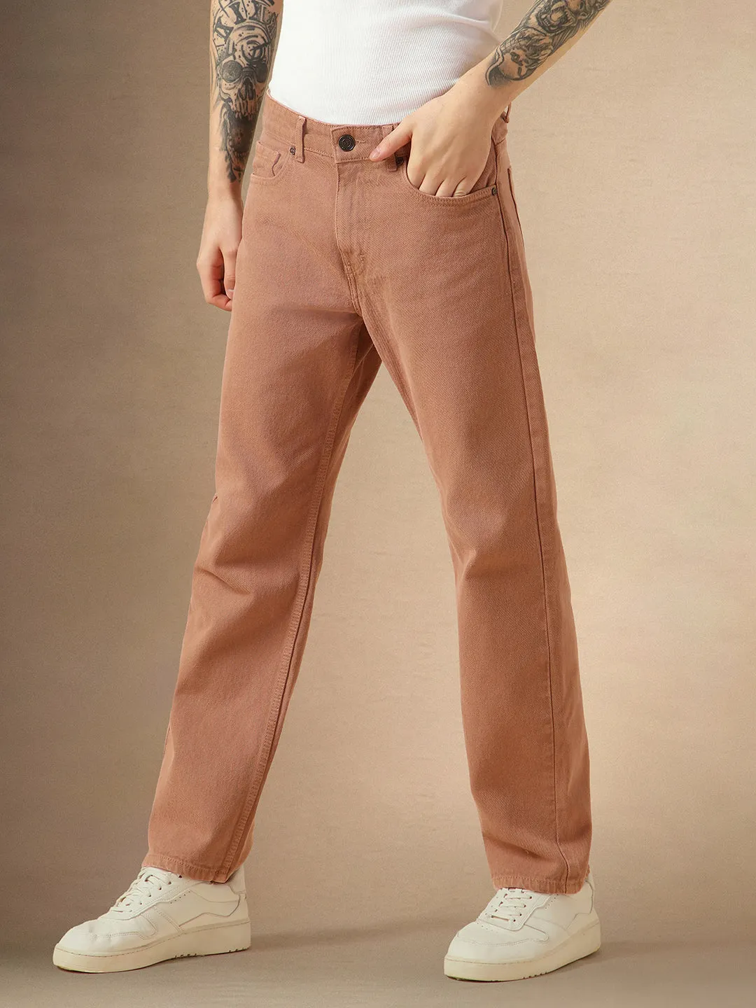 Men's Rust Cotton Relaxed Fit Mid-Rise Casual Jeans