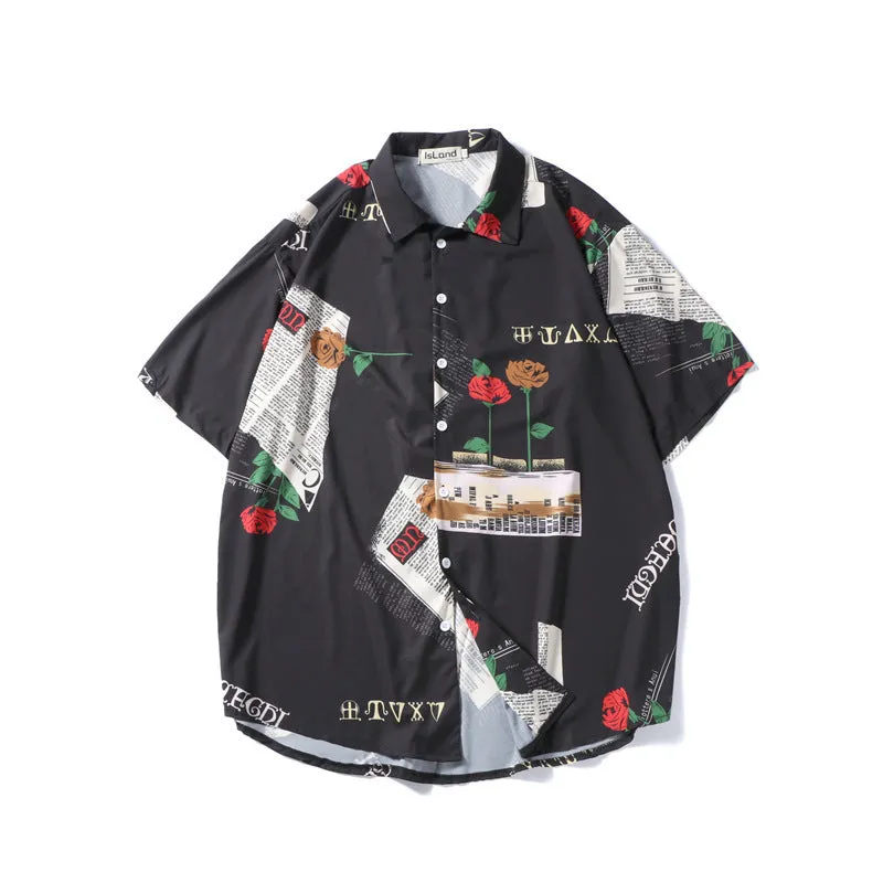 Mid-Length Rose Printed Shirt Men Summer Short Sleeve Korean Trendy Loose Tops Men Shirt