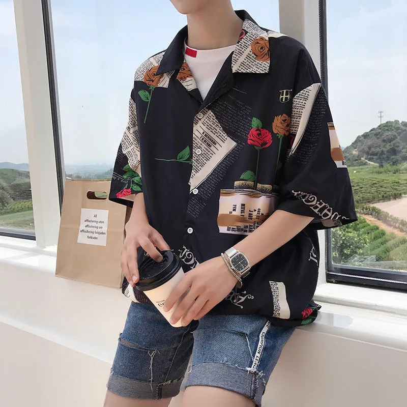 Mid-Length Rose Printed Shirt Men Summer Short Sleeve Korean Trendy Loose Tops Men Shirt