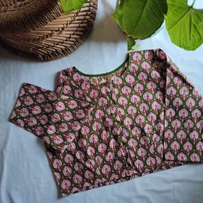 Moss Green & Pink Pure Cotton Handblock Printed Contemporary Blouse/ Crop Top