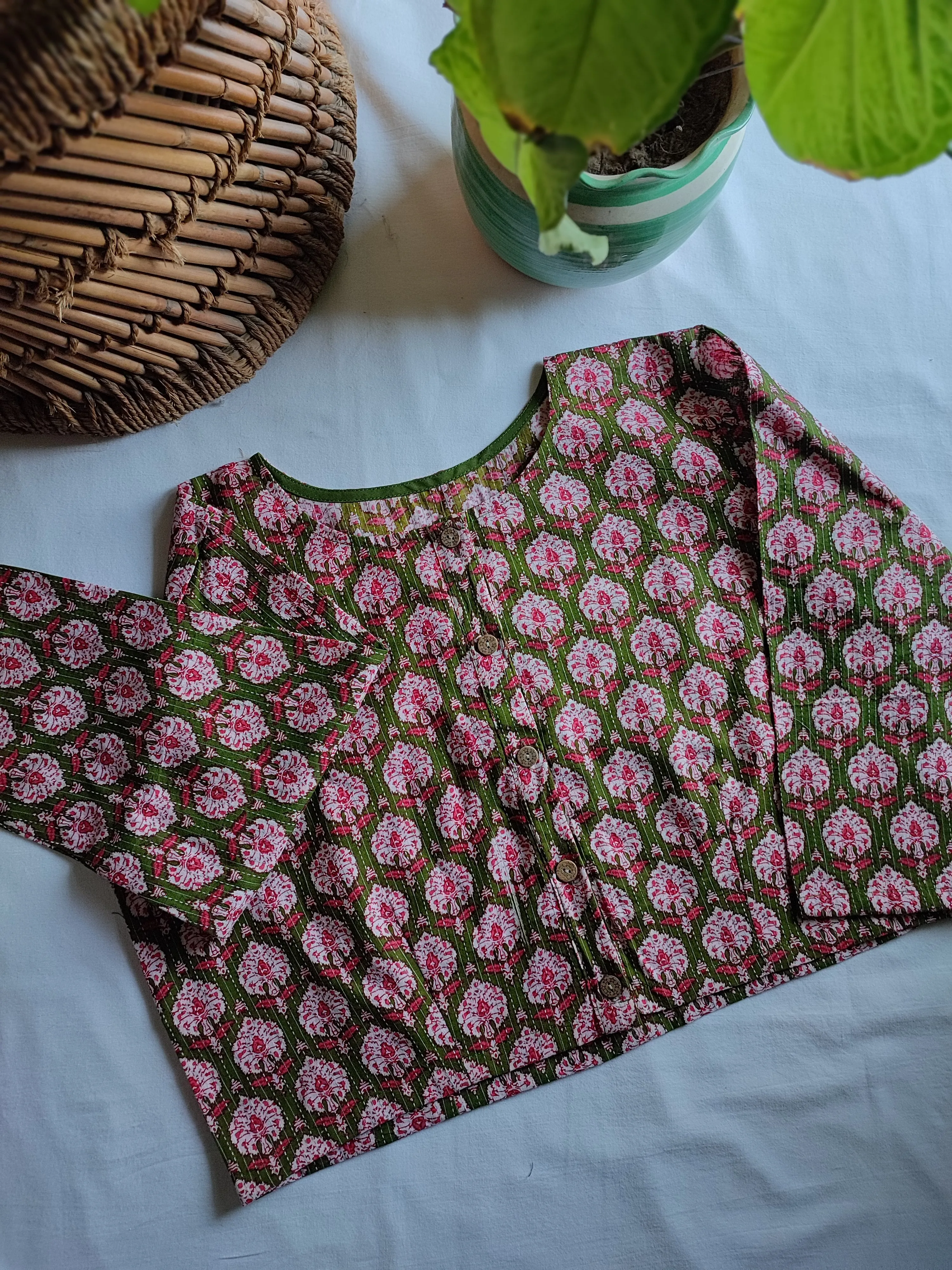 Moss Green & Pink Pure Cotton Handblock Printed Contemporary Blouse/ Crop Top