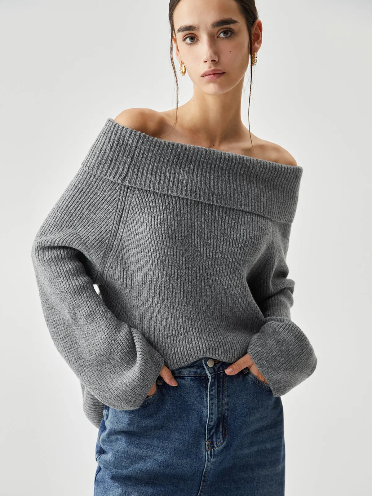 Oversized Overfold Off Trendy Shoulder Knit Sweater