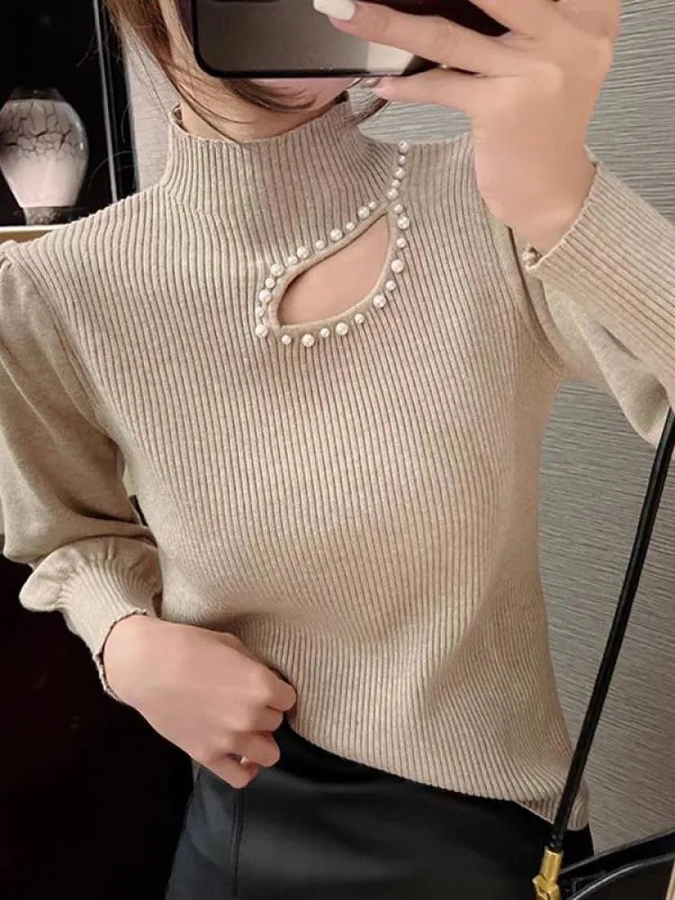 Patsy Hollow-out Beading Turtleneck Sweater