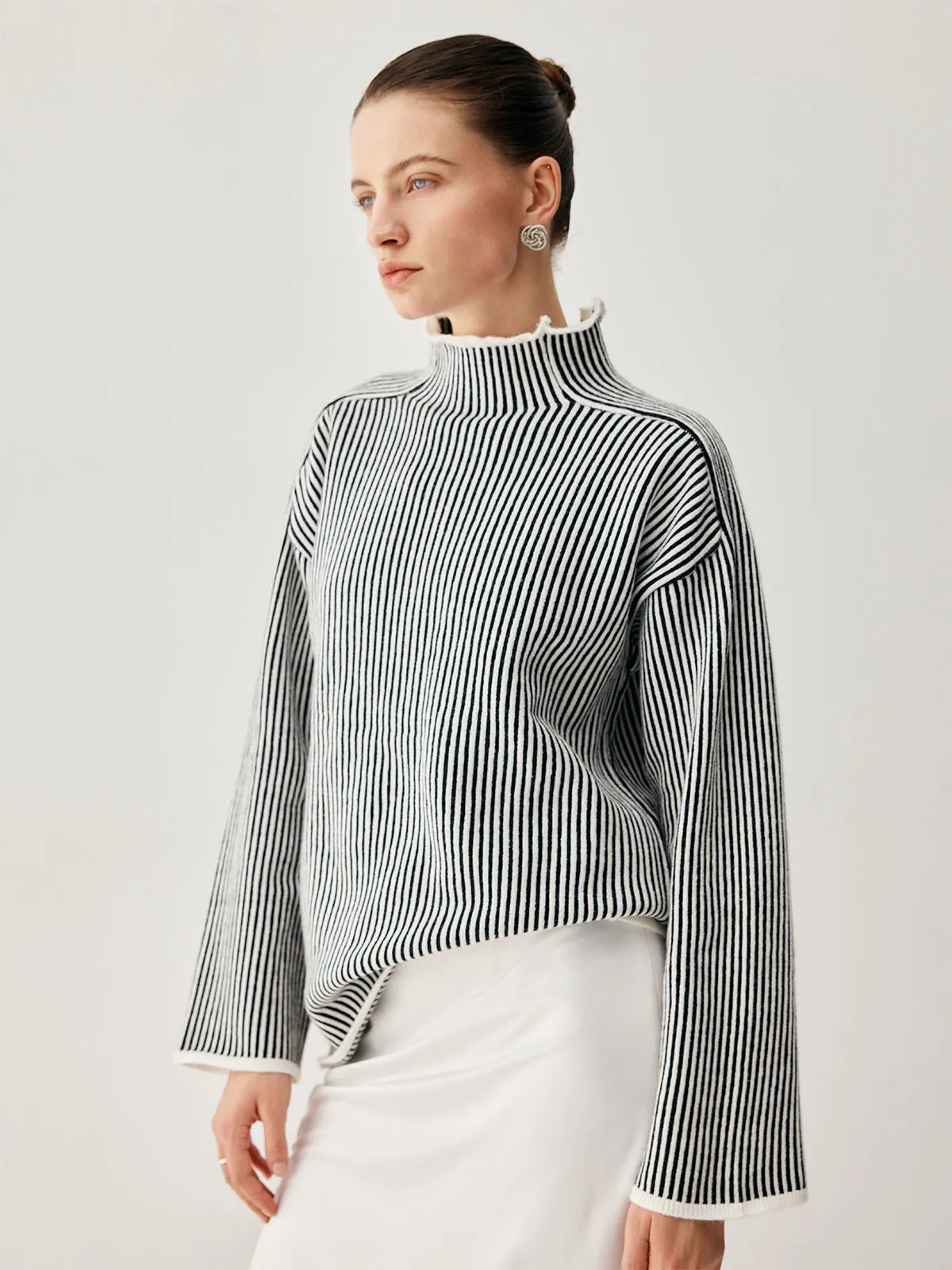 Pinstripe Mock Neck Trendy Contrast Trim Sweater