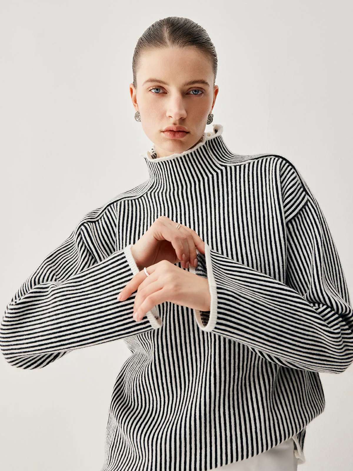 Pinstripe Mock Neck Trendy Contrast Trim Sweater