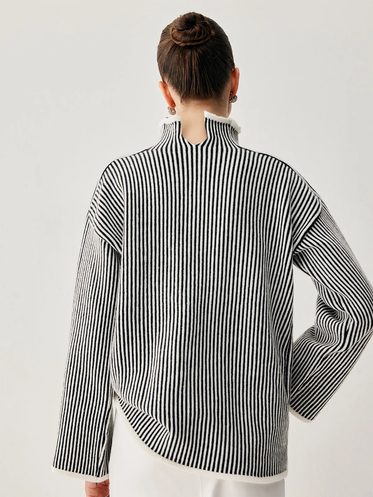 Pinstripe Mock Neck Trendy Contrast Trim Sweater