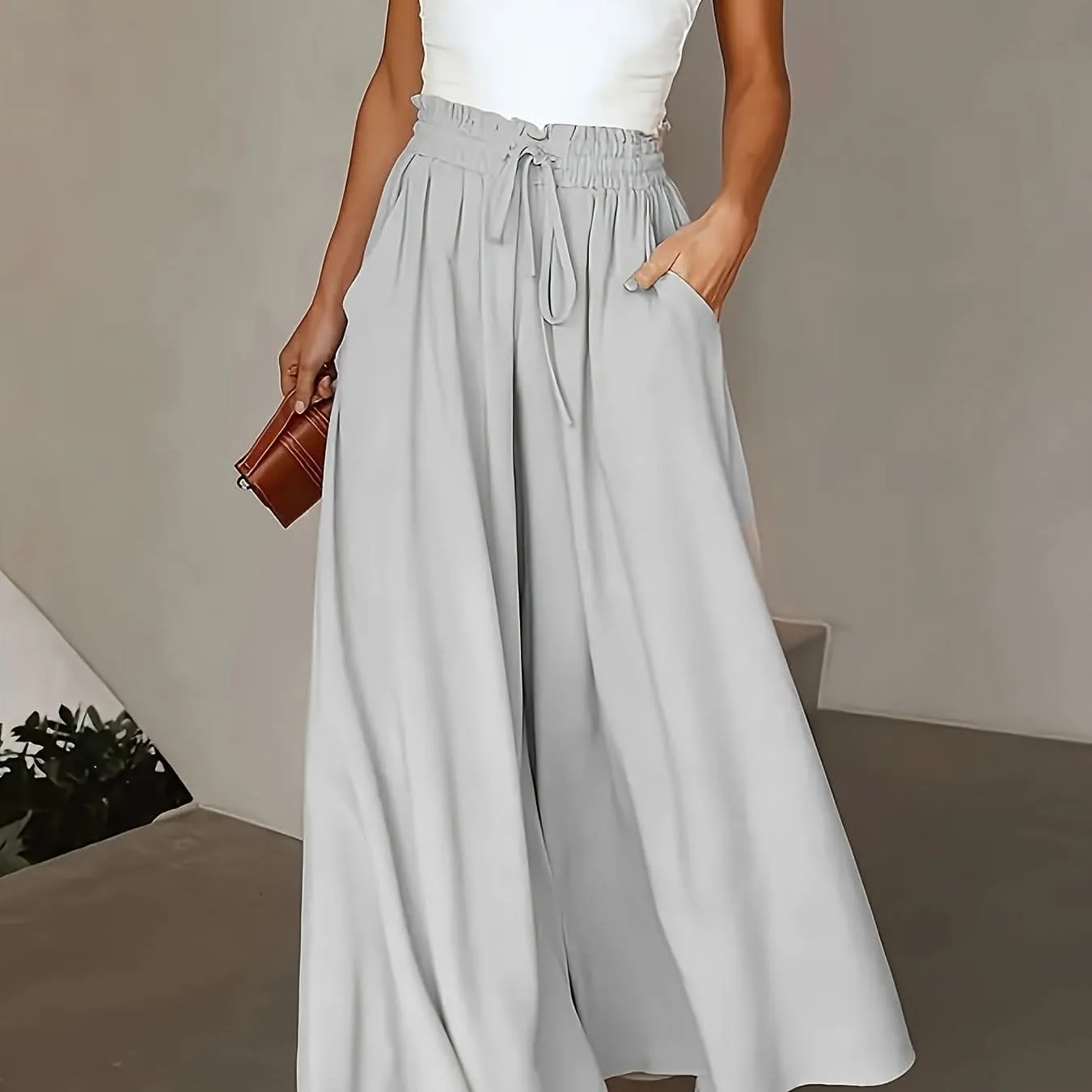 Plus Size Elegant Wide Leg TieFront Pants