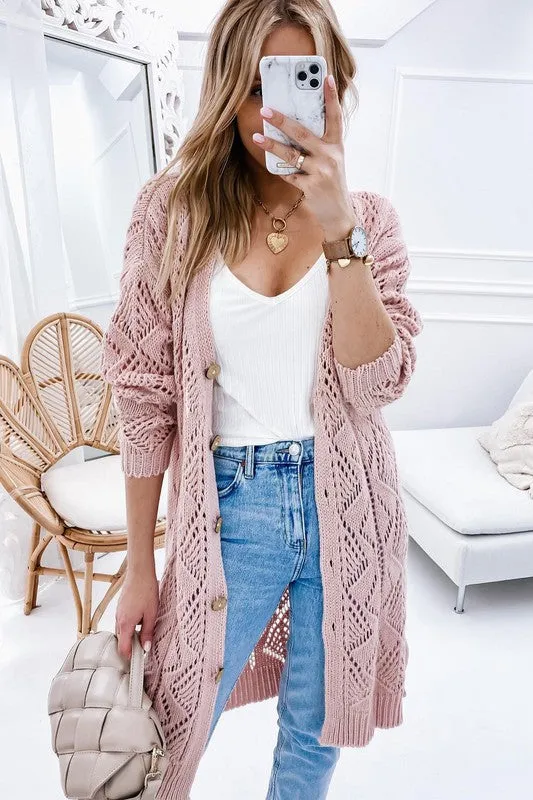 Plus Size Eyelet sweater button  crochet knit cardigan