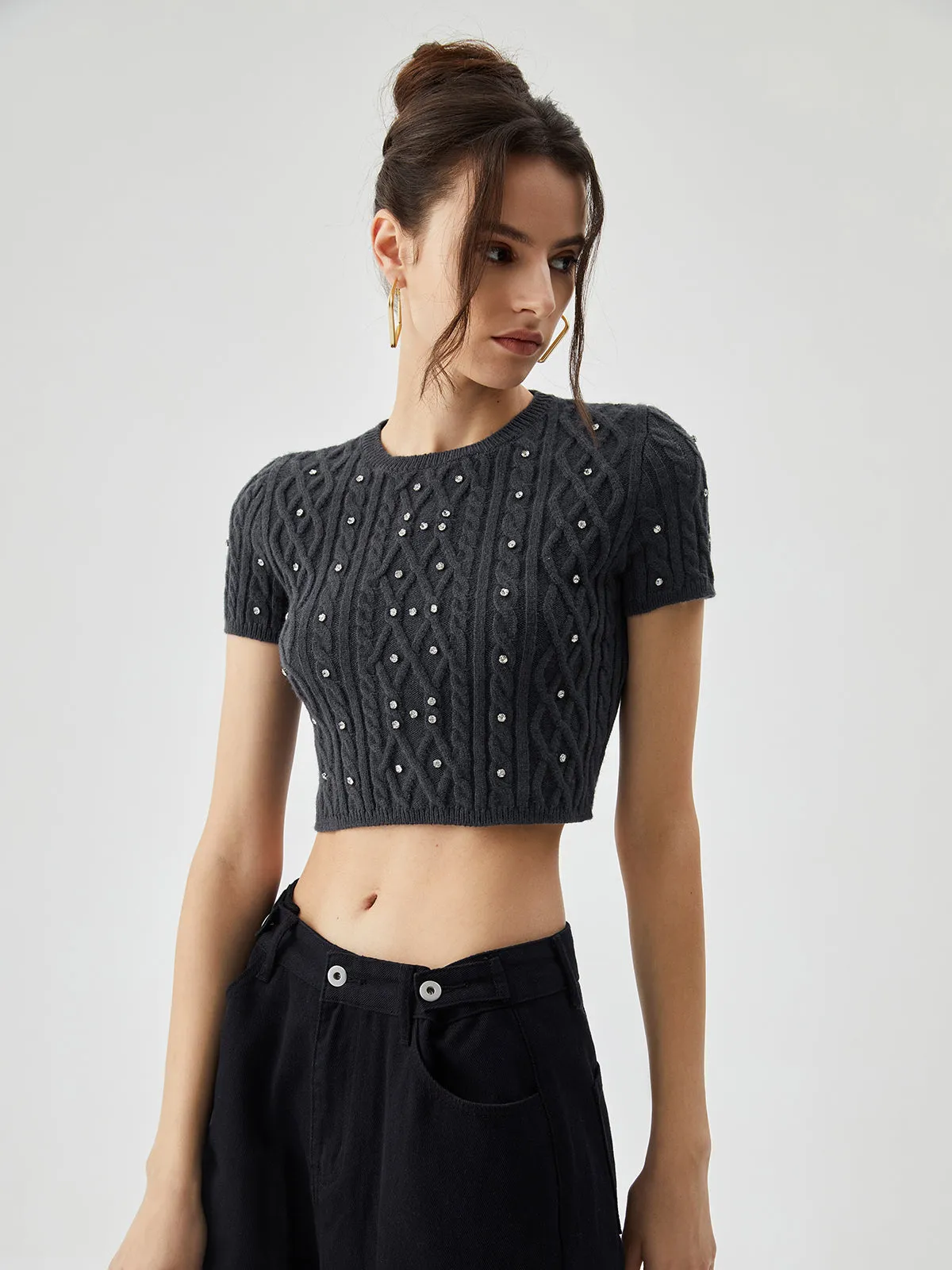 Rhinestones Decor Cable Trendy Knit Crop Top