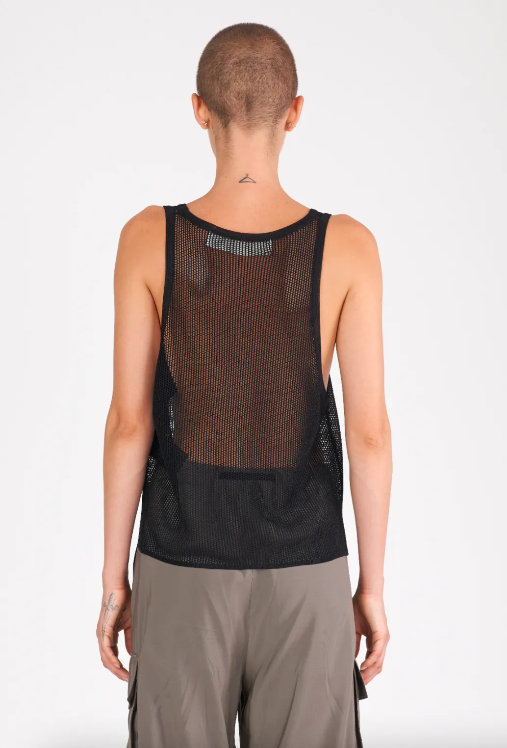 Shiny Viscose Mesh V Neck Tank - Black