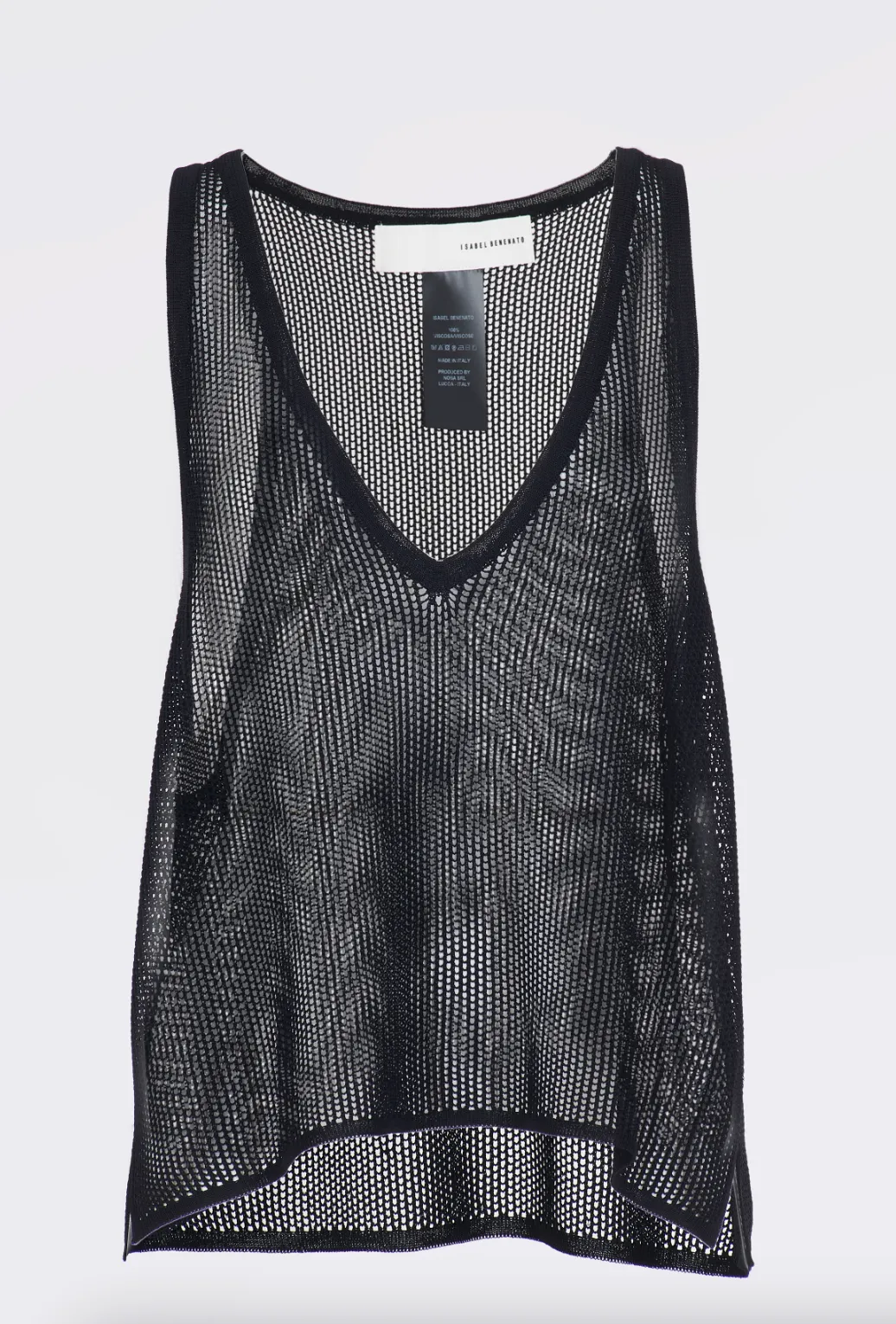 Shiny Viscose Mesh V Neck Tank - Black