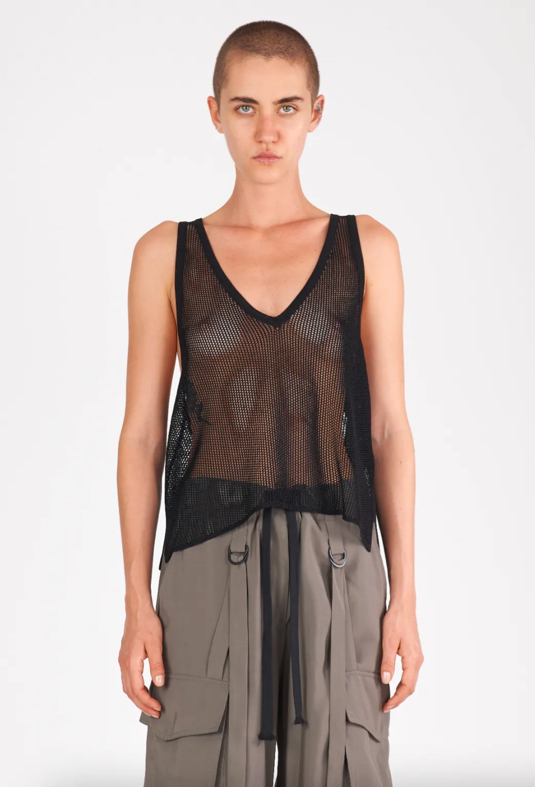 Shiny Viscose Mesh V Neck Tank - Black