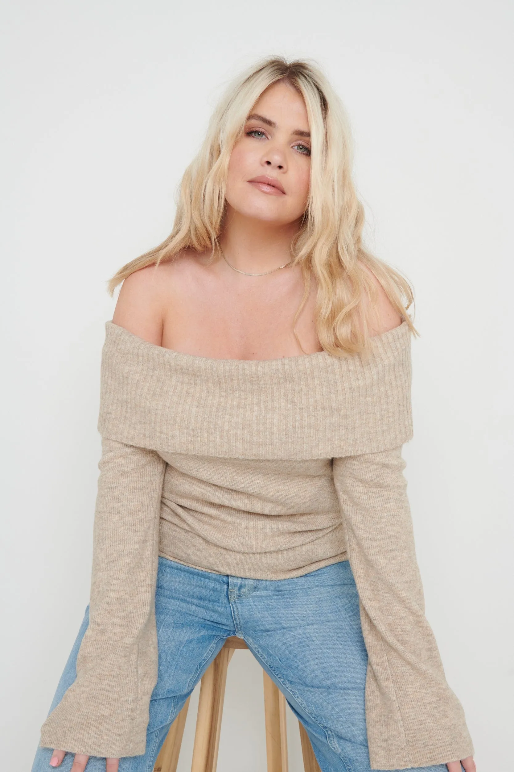 Soreya Bardot Soft Knit Top - Beige