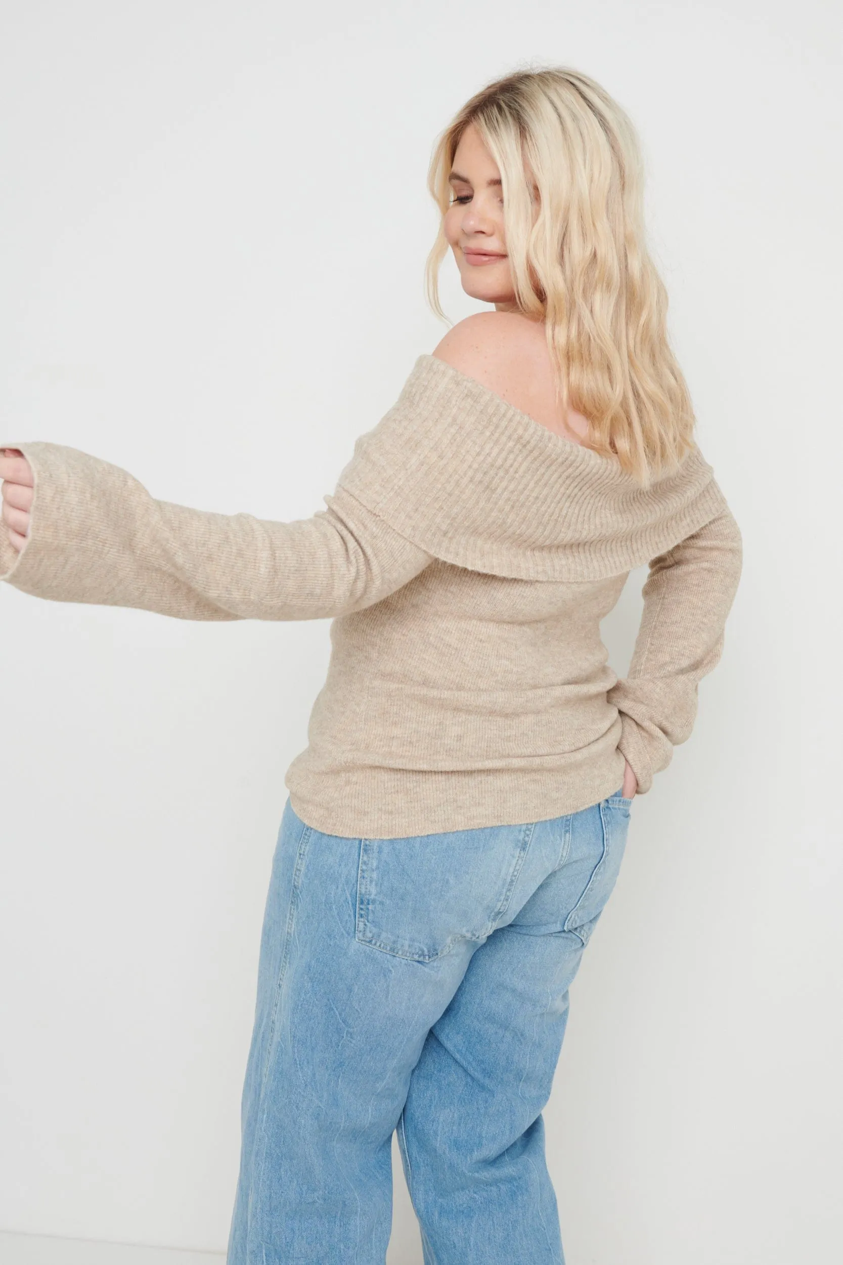 Soreya Bardot Soft Knit Top - Beige